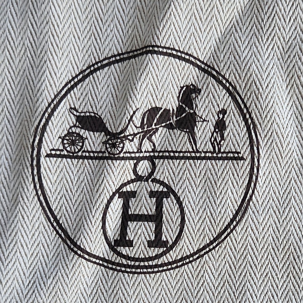 Hermes Set of 2 Herringbone Cotton Dust Bags Cream Brown Drawstring 7.5x13.5